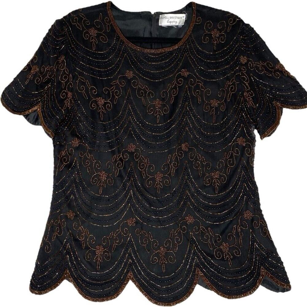 VTG Papell Boutique Silk‎ Beaded Top Womens L Retro Glam Formal Whimsigoth Party
